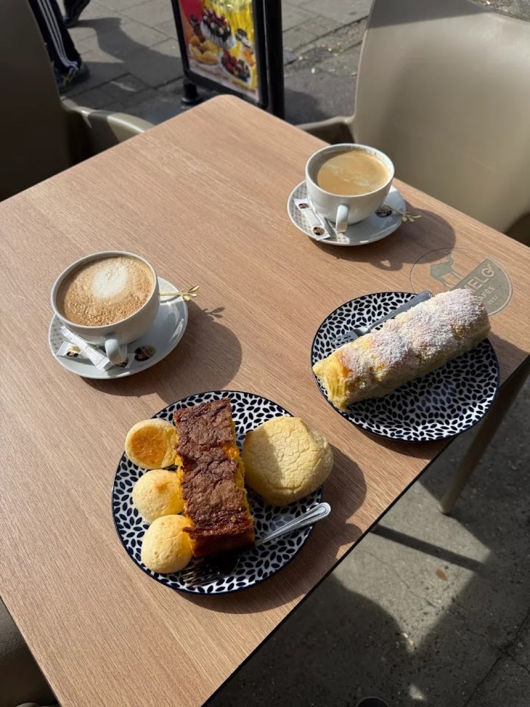 Two coffees and a plate of pão de queijo and cake at The Brazilian Pastry, Plaistow